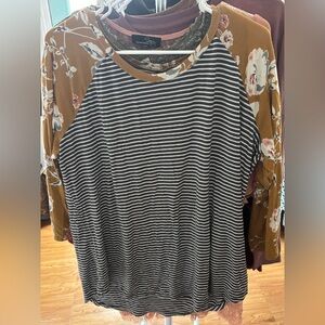 Maurices Black and White Striped Blouse with Floral Sleeves
